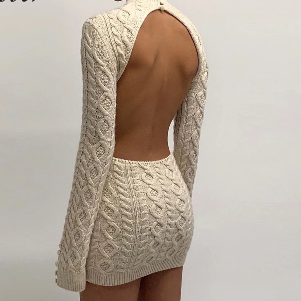 Dreamy Cable Knit Cream Open Back Sweater Dress - Picture 9 of 15